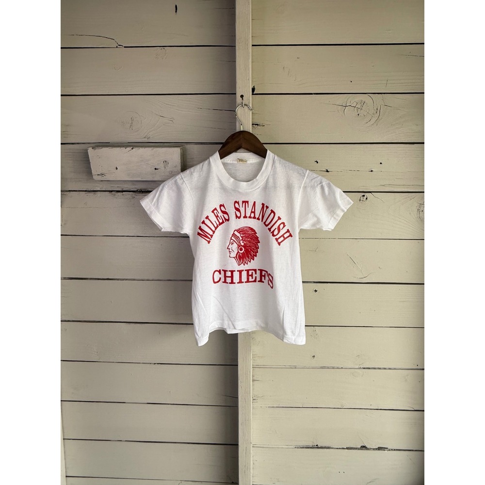 Vintage 80s Screen Stars Miles Standish Chiefs T-Shirt Kids 10-12 White Red USA